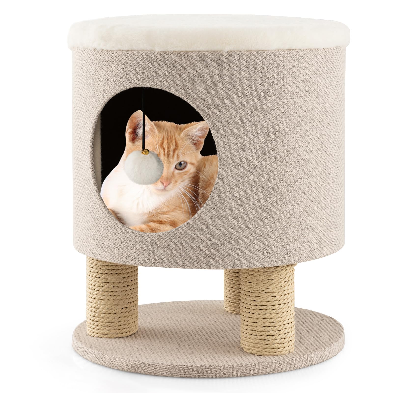 Tangkula Tabouret Condo pour Chats d'Intérieur, Pouf Maison pour Animaux & Lit pour Chaton avec Poteaux à Griffer & Jouet Balle en Peluche